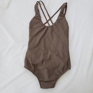 Sexy one-piece bathing suit crew neck TAN